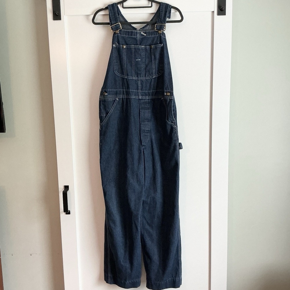 VTG SEARS ROEBUCKS MENS BIB OVERALLS DARK BLUE DENIM ZIP FLY  34 X 32‎ hemmed 30